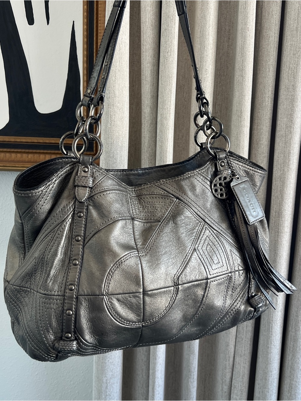 Coach Metallic Gunmetal Leather Patchwork Alexandra Shoulder Bag Purse